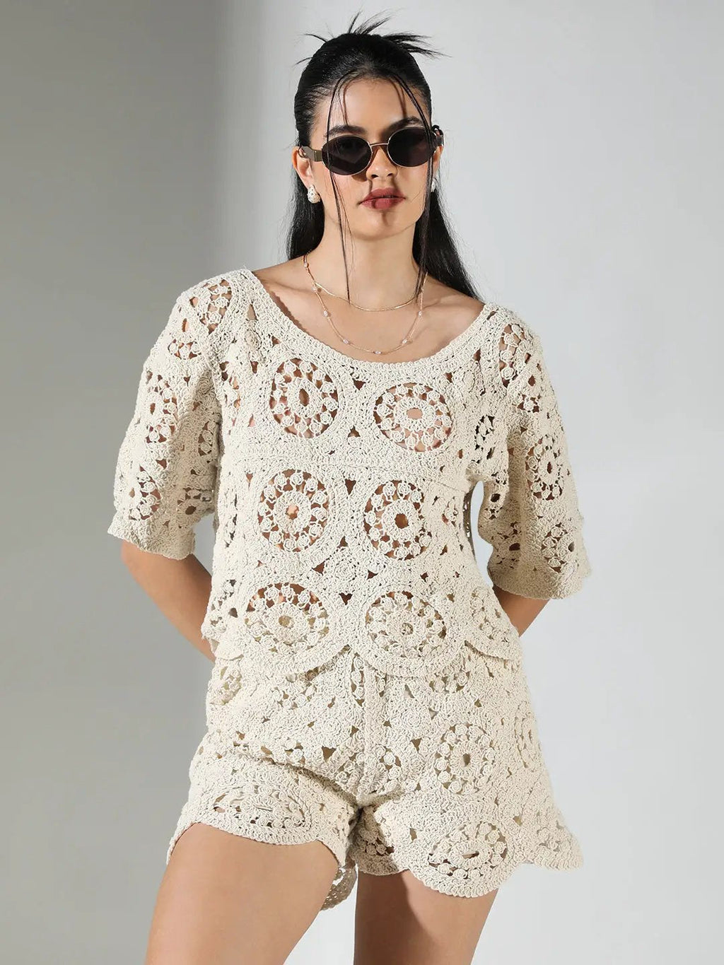 Women's Crochet Cream Round Neck Top with Shorts Co-Ords Set