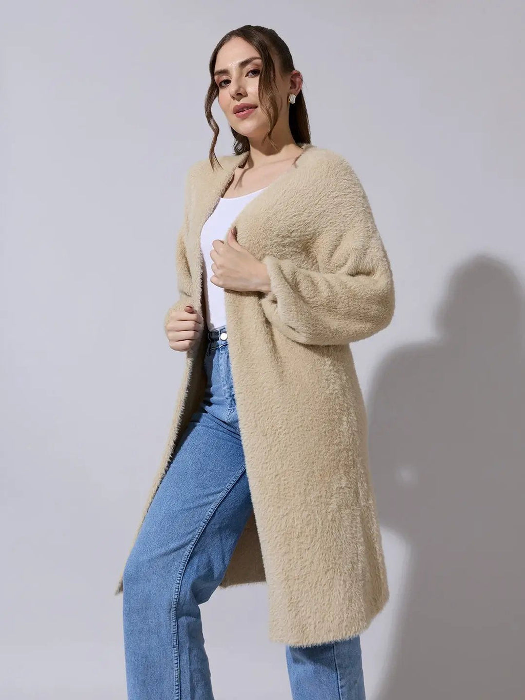 Women's Textured Beige Long Open Front Shrug