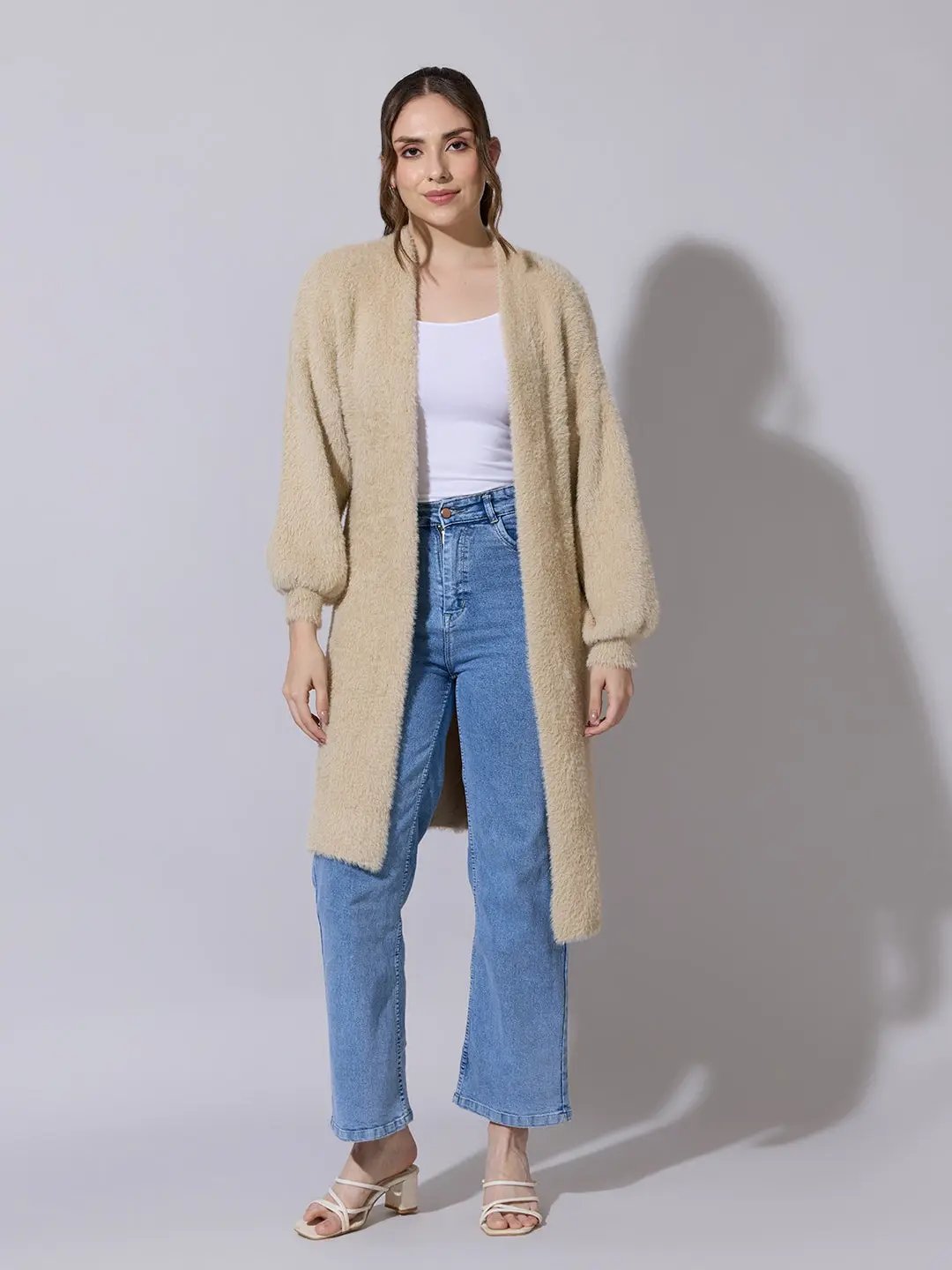 Women's Textured Beige Long Open Front Shrug