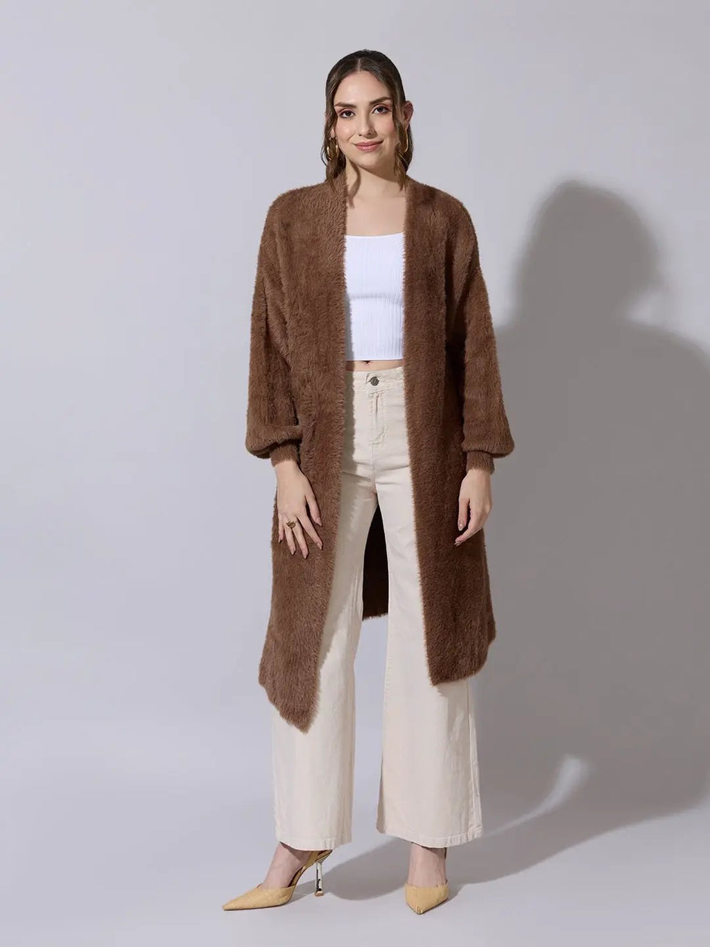 Women's Textured Brown Long Open Front Shrug