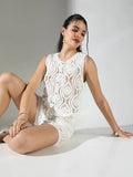 Women's Crochet White Top with Shorts Co-Ords Set