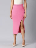 Women's Pink Straight Midi Skirt with Front Slit
