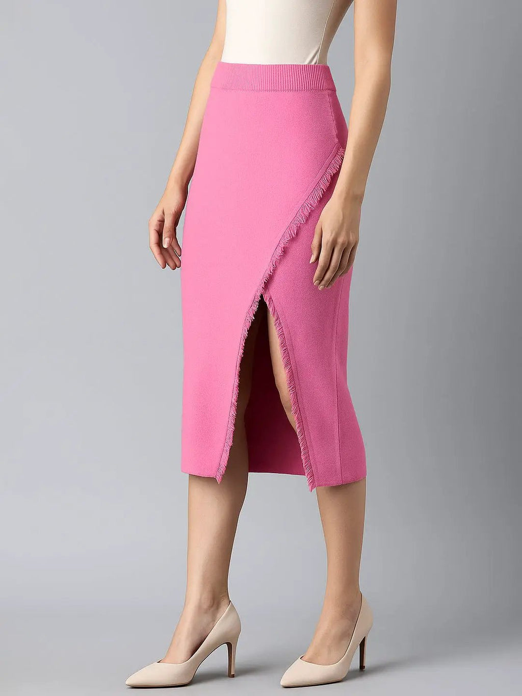Women's Pink Straight Midi Skirt with Front Slit