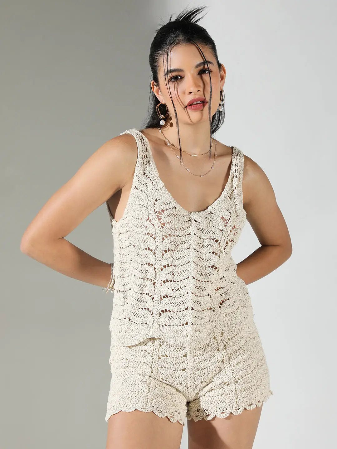 Women's Crochet Cream V-Neck Top with Mini shorts Co-Ords Set