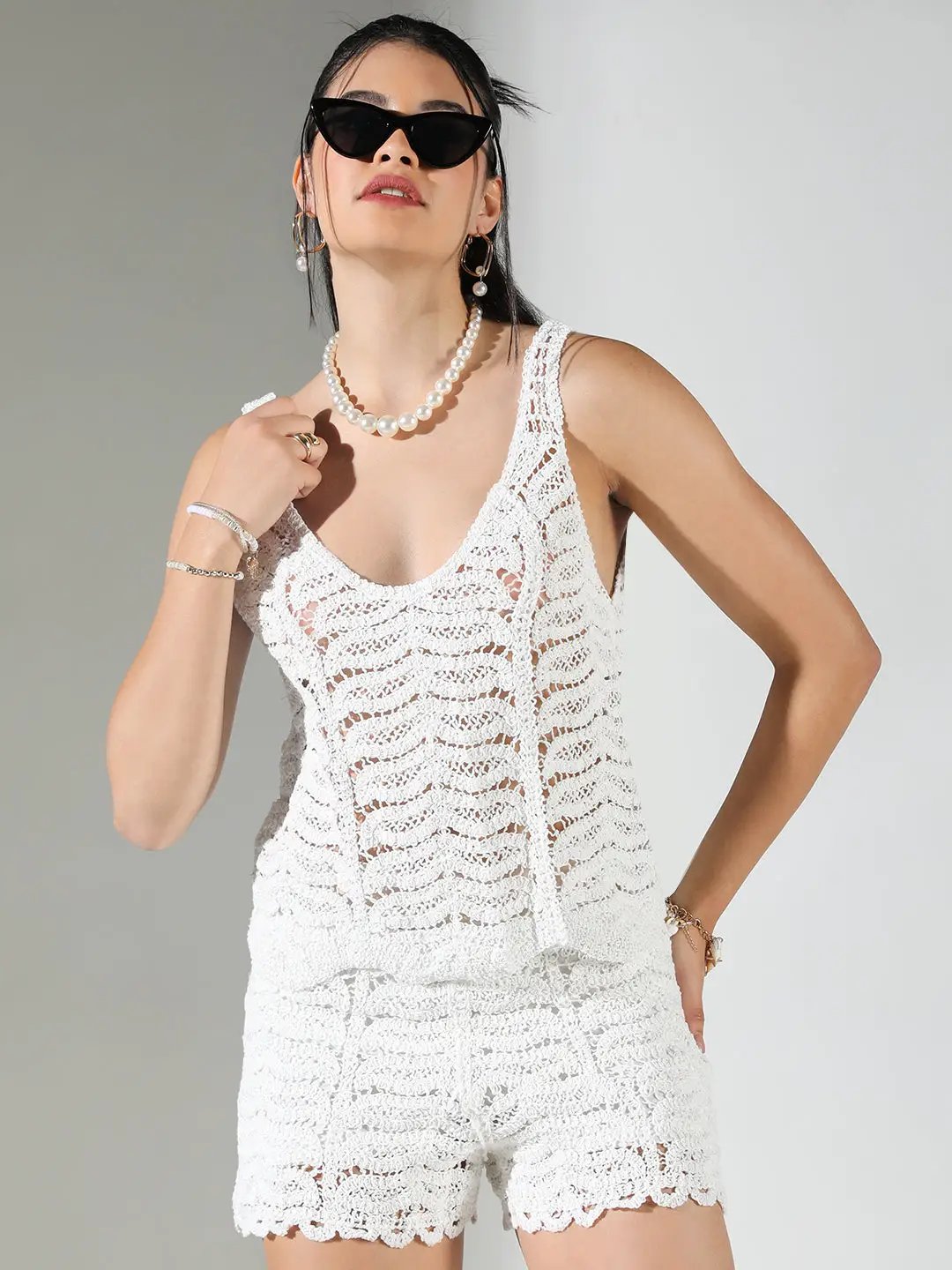 Women's Crochet White V-Neck Top with Mini shorts Co-Ords Set