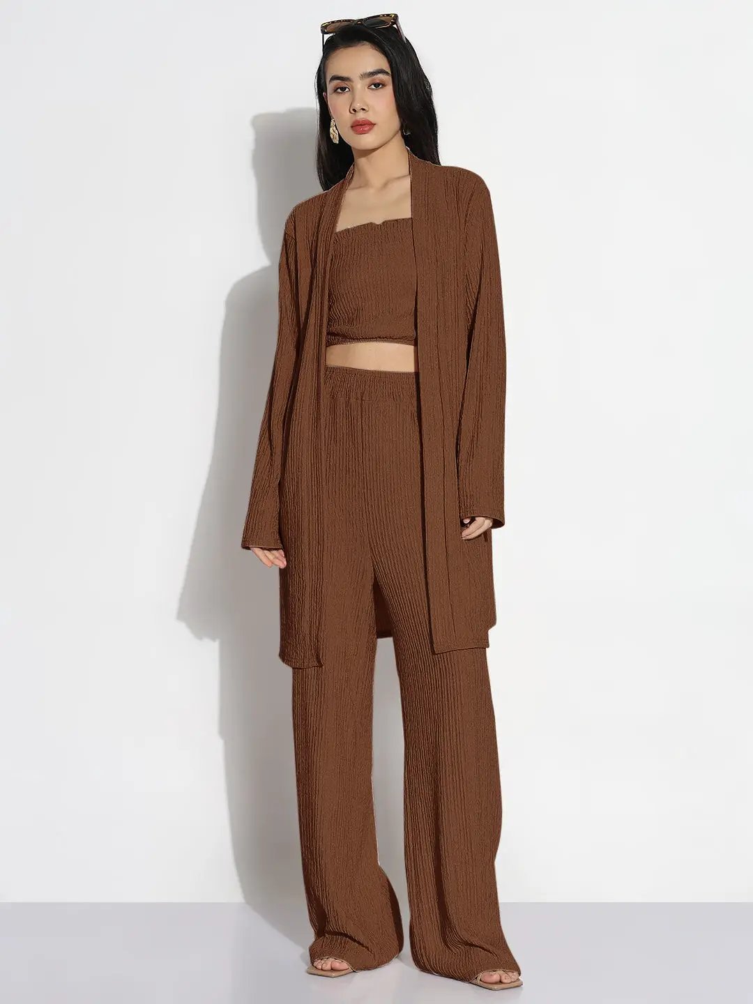 Women's Brown Solid Co-ords Set with Shrug
