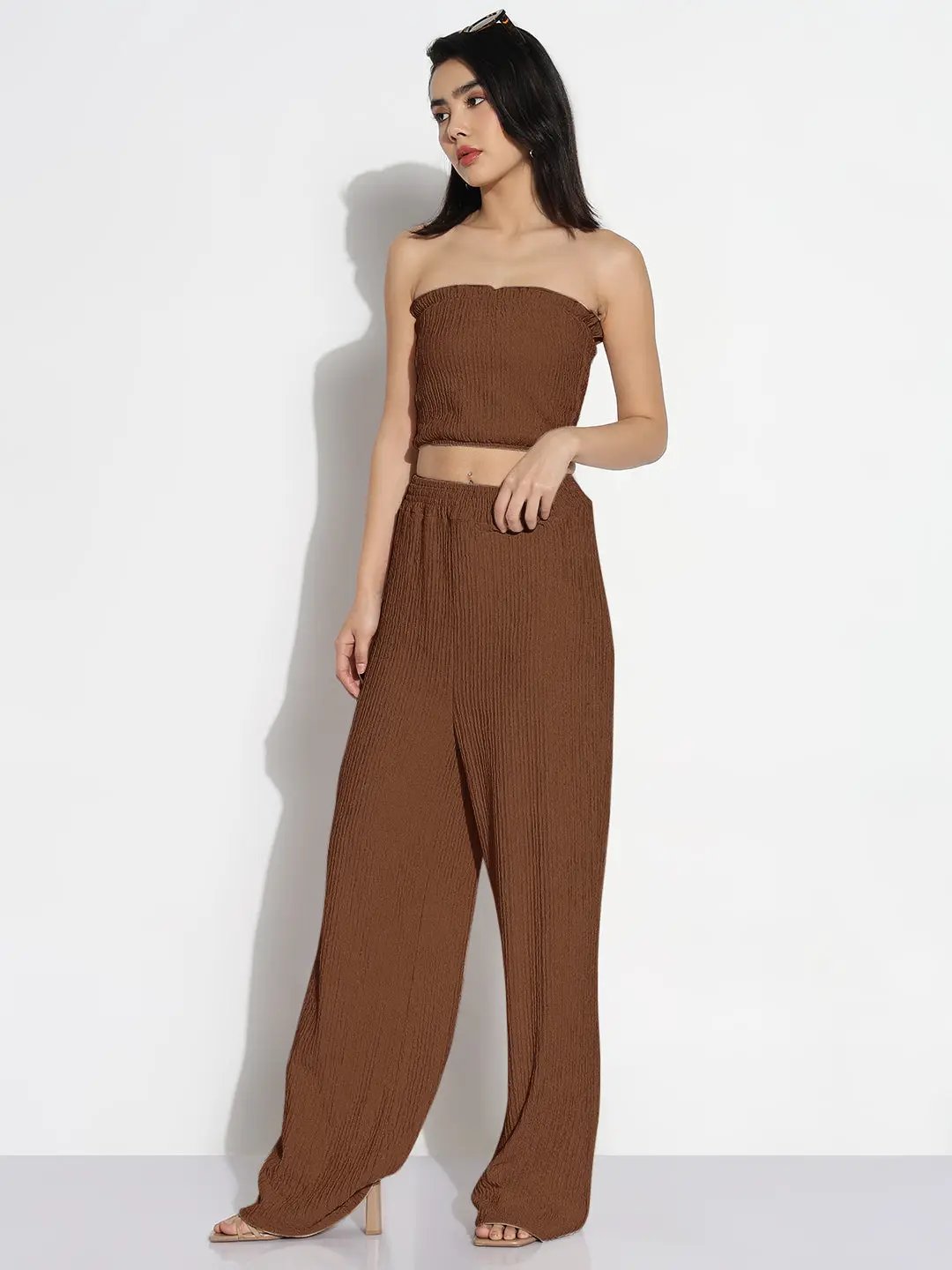Women's Brown Solid Co-ords Set with Shrug