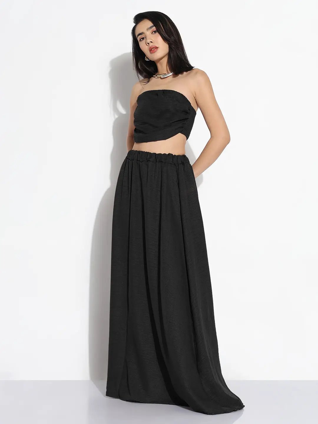 Women's Black Solid Co-ords Skirt & Top Set