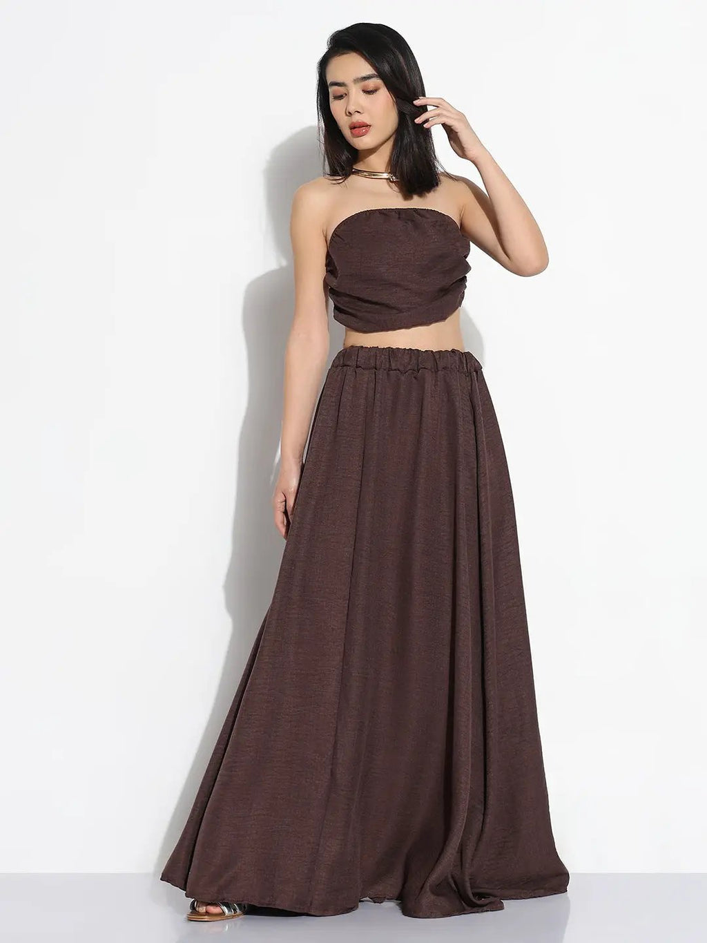 Women's Brown Solid Top with Skirt Co-ords Set