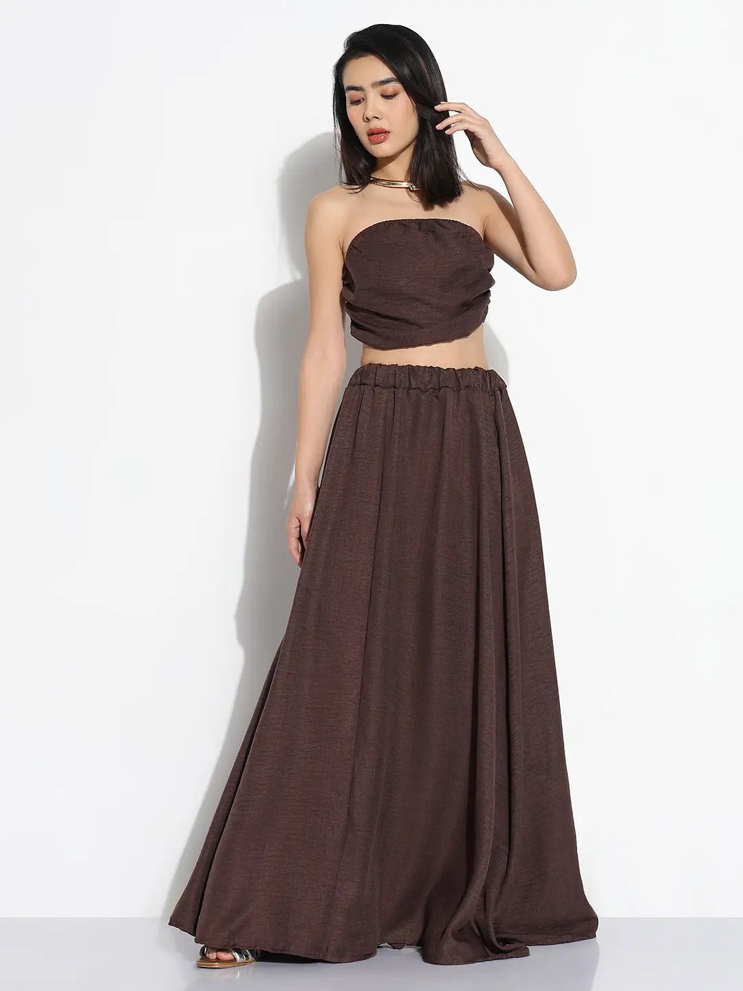Women's Brown Solid Top with Skirt Co-ords Set