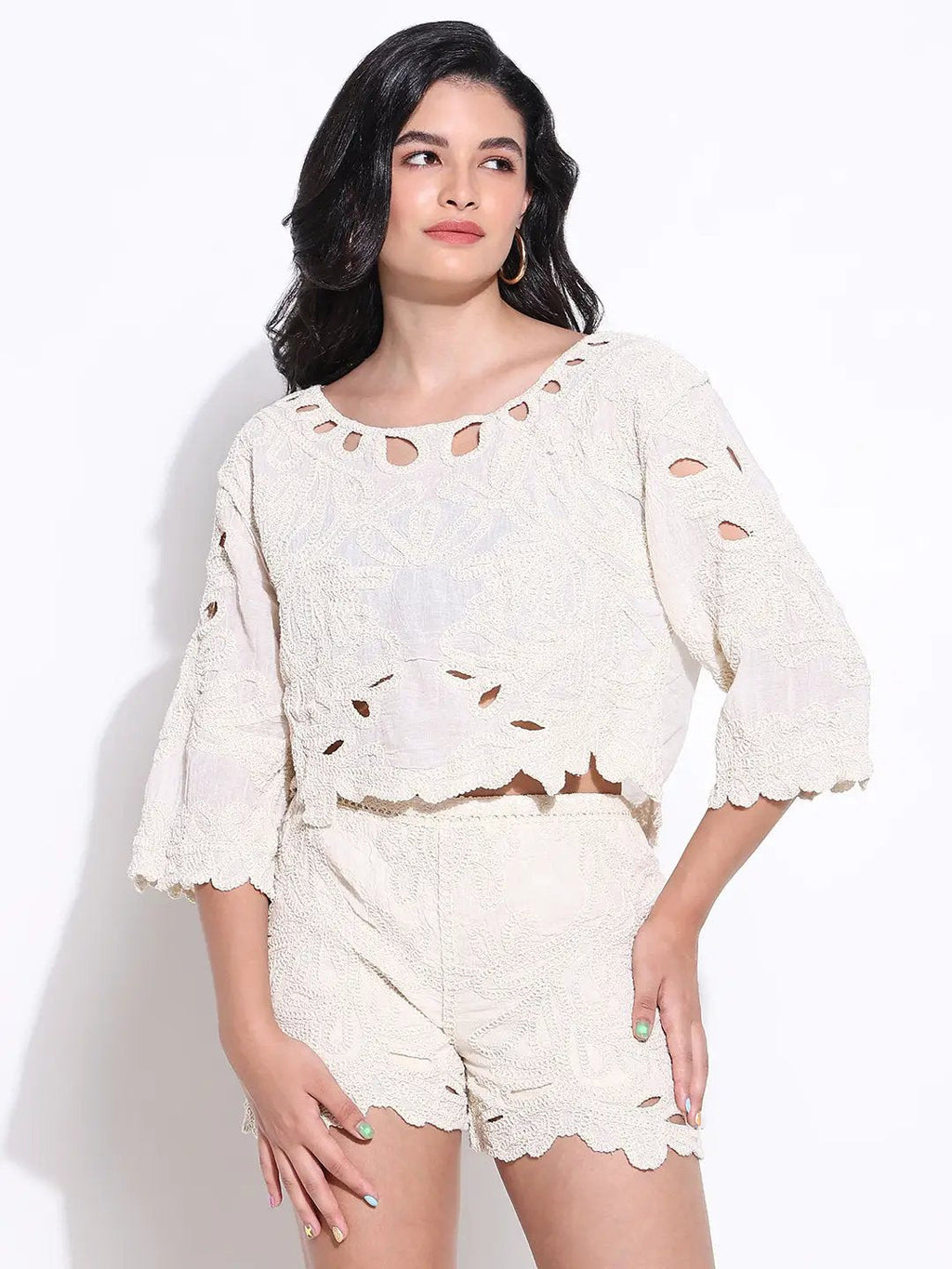 Women's Embroidered Cream Cut Out Co-Ords Set