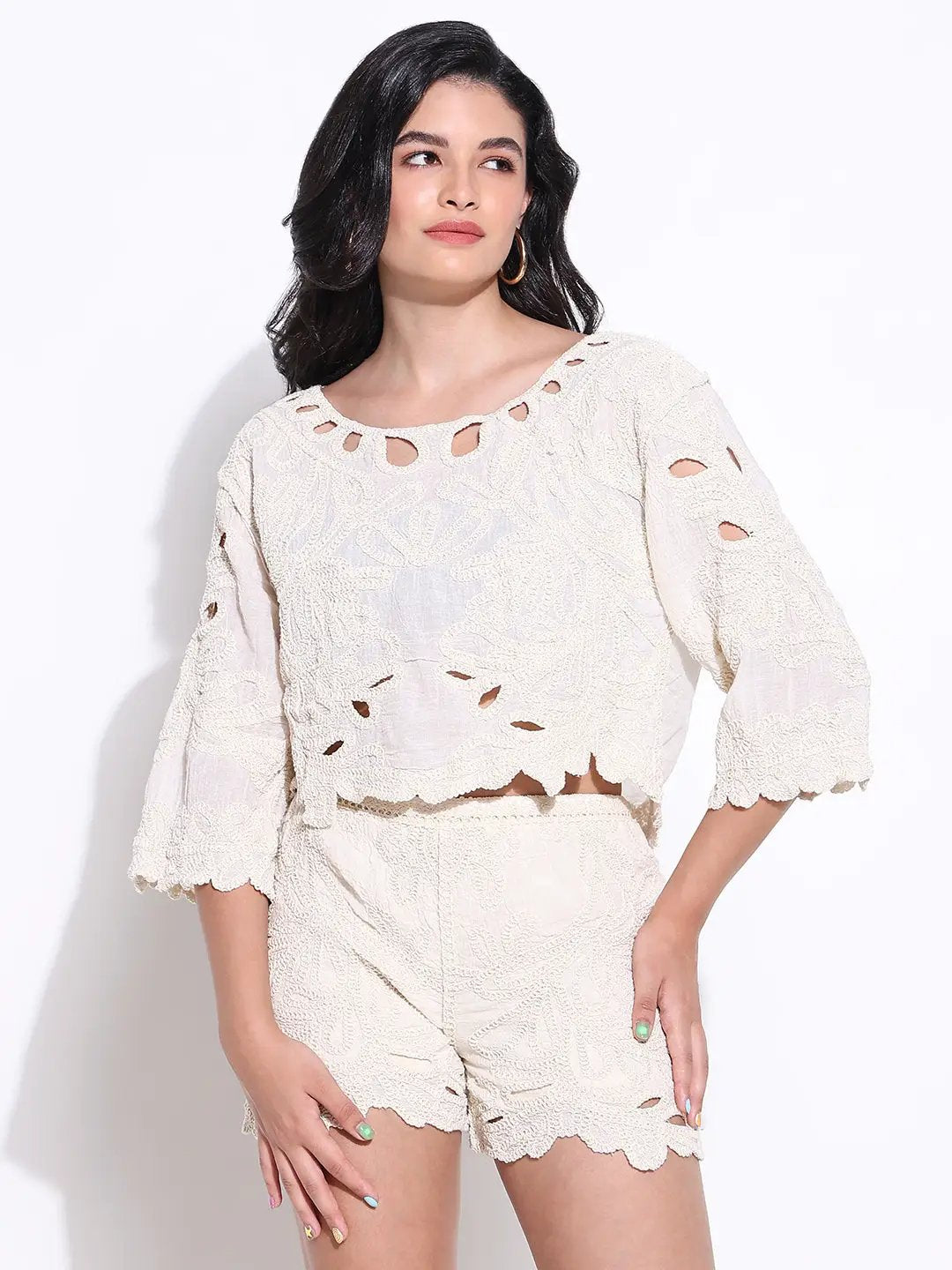 Women's Embroidered Cream Cut Out Co-Ords Set