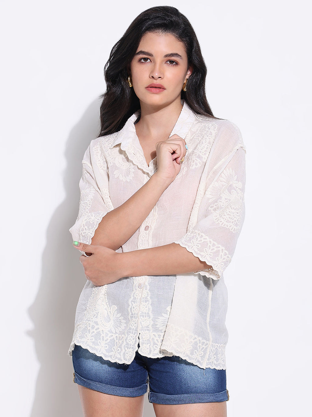 Women's Cream Comfort Semi Sheer Casual Shirt