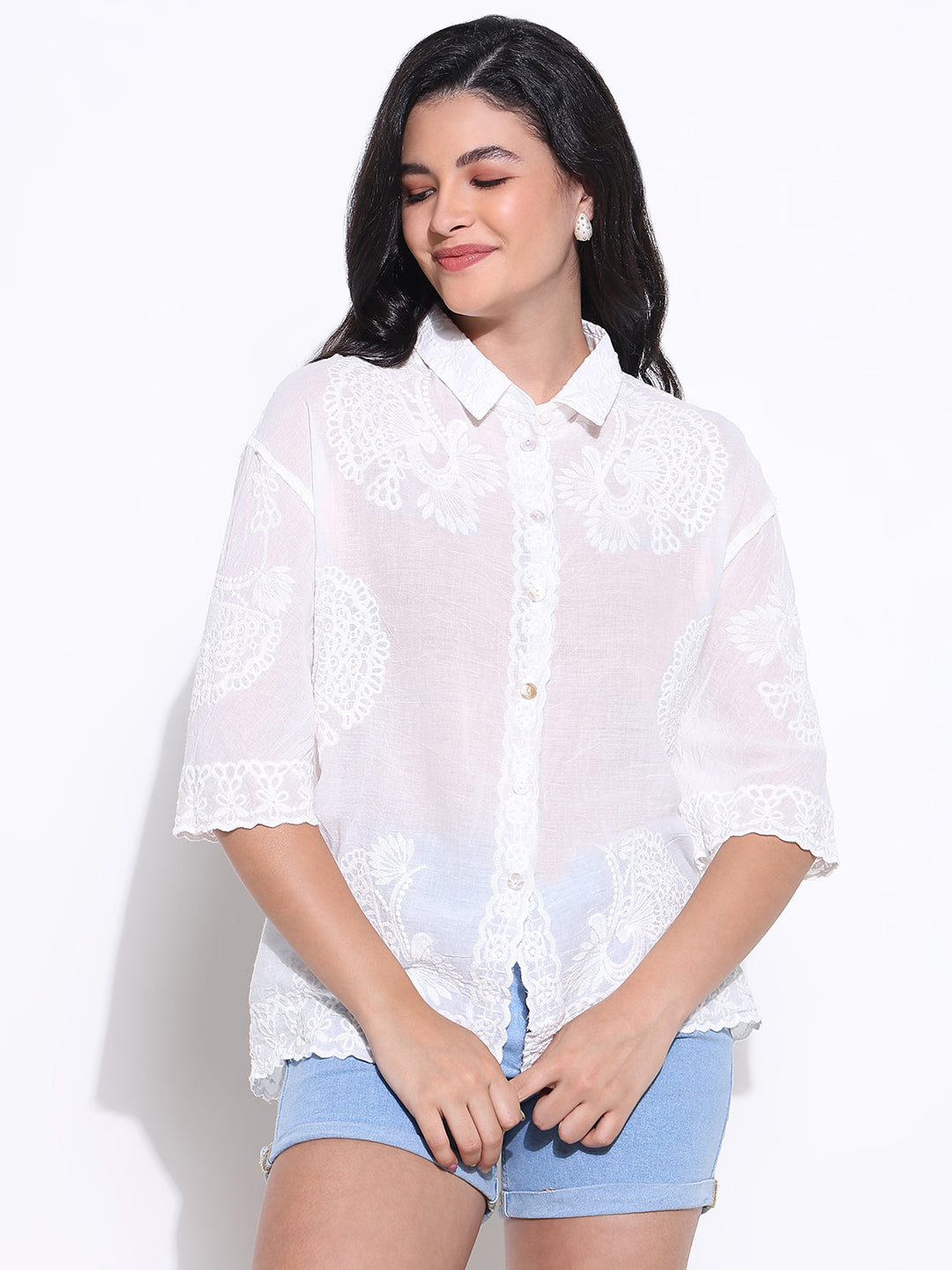 Women's White Comfort Fit Spread Collar Embroidered Cotton Oversized Casual Shirt