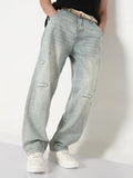 Men's Blue Distressed Wide Leg Jeans with Belt