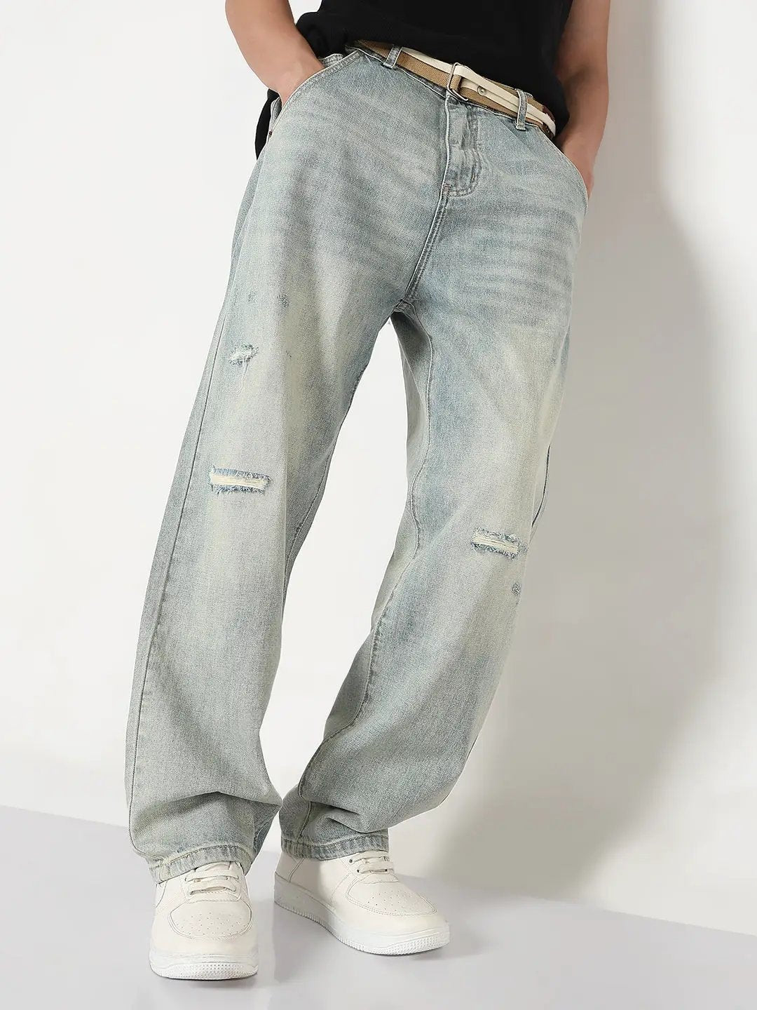 Men's Blue Distressed Wide Leg Jeans with Belt