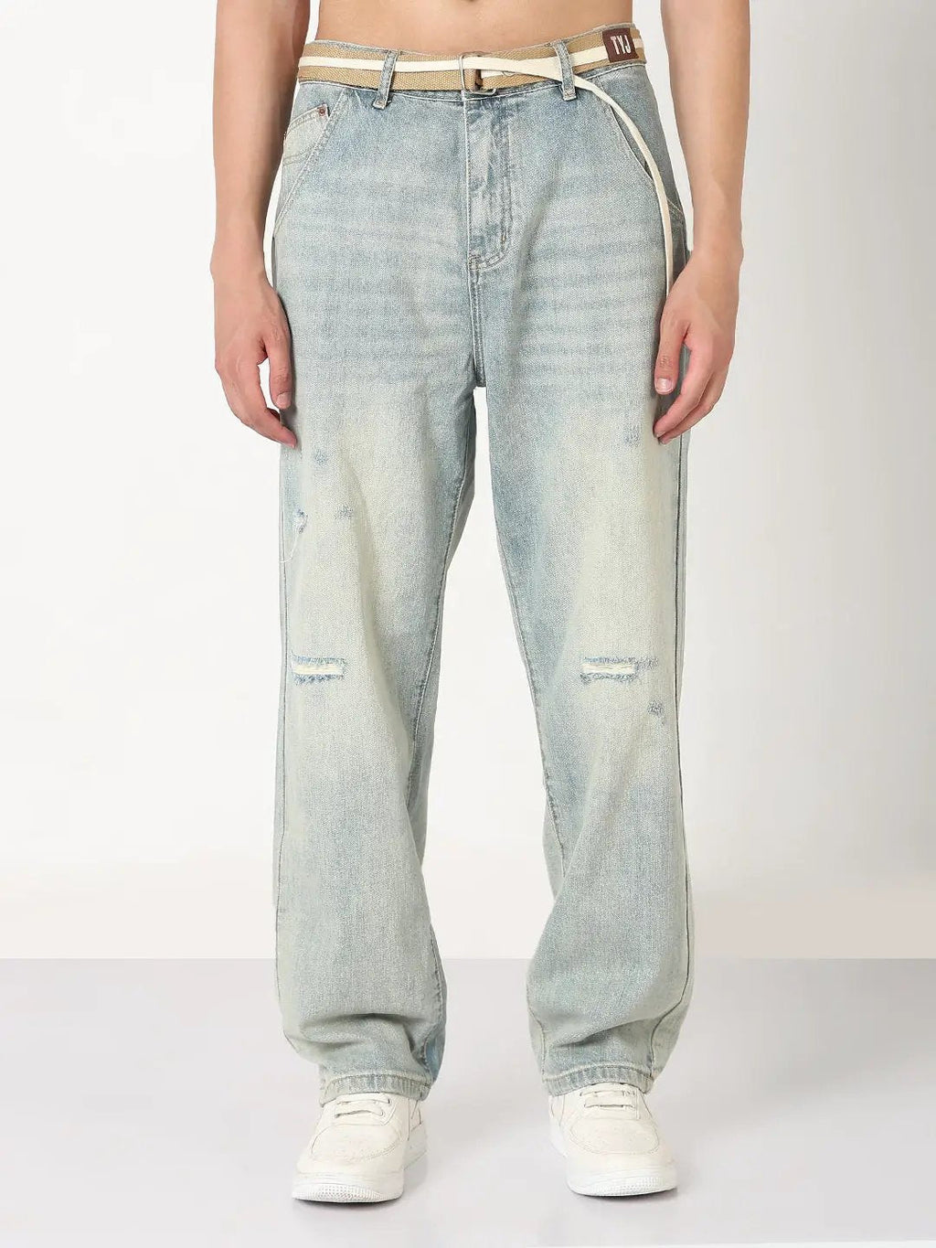 Men's Blue Distressed Wide Leg Jeans with Belt