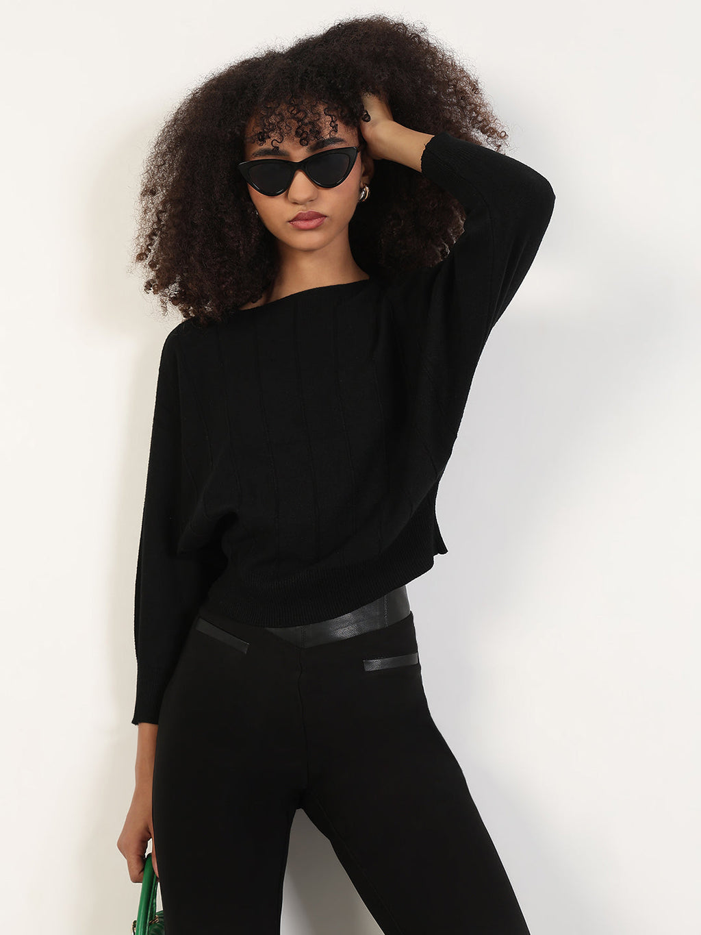 Women's Black Batwing Sleeves Solid Top