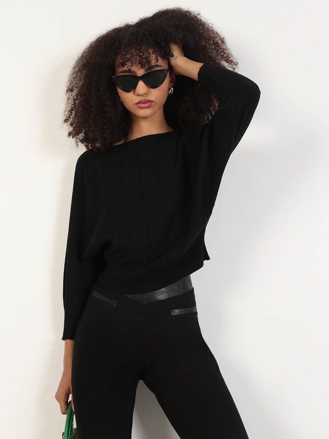 Women's Black Batwing Sleeves Solid Top
