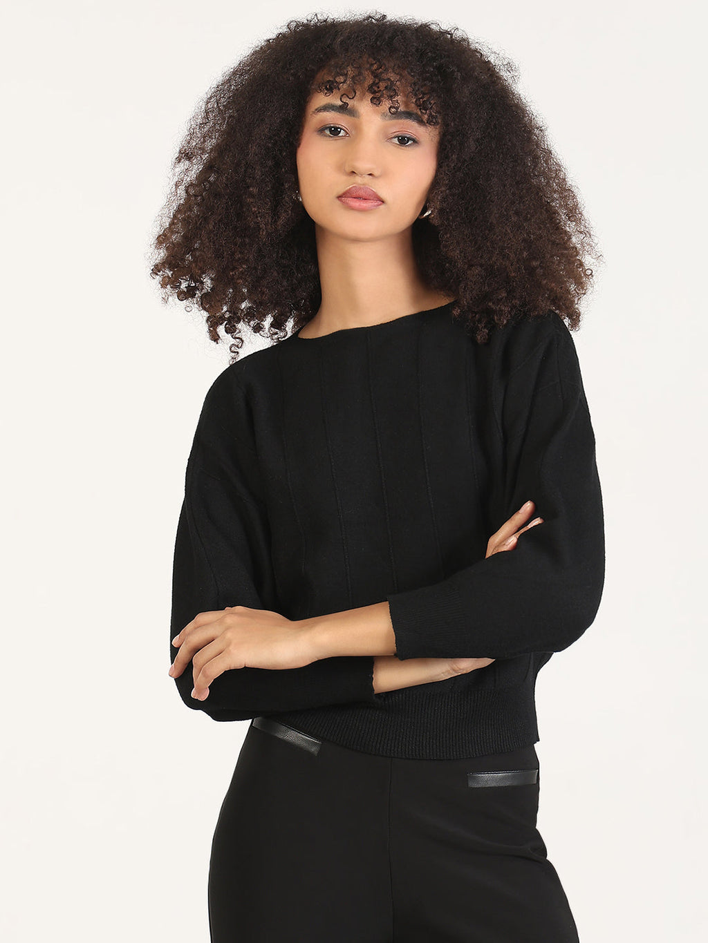 Women's Black Batwing Sleeves Solid Top