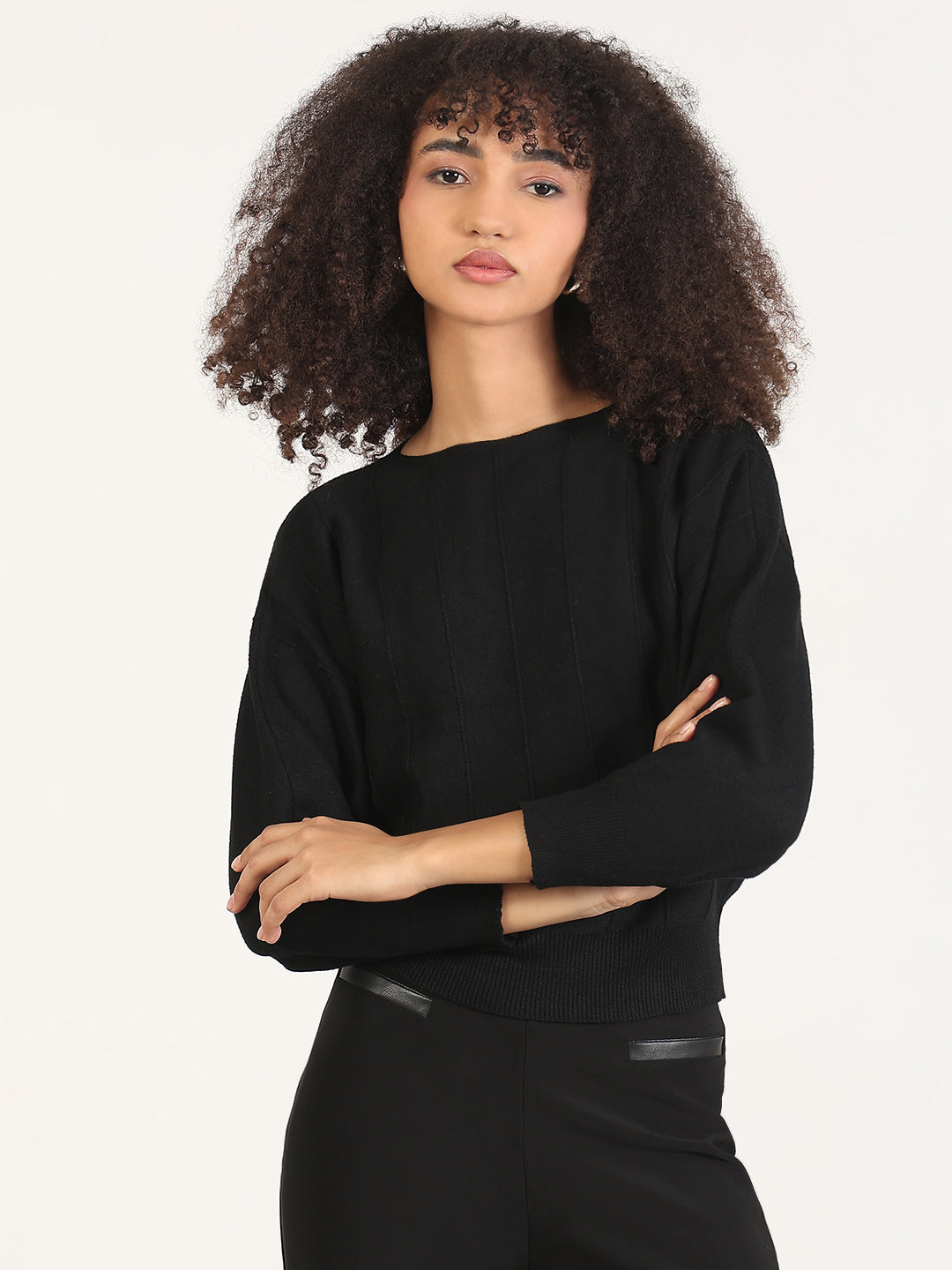 Women's Black Batwing Sleeves Solid Top