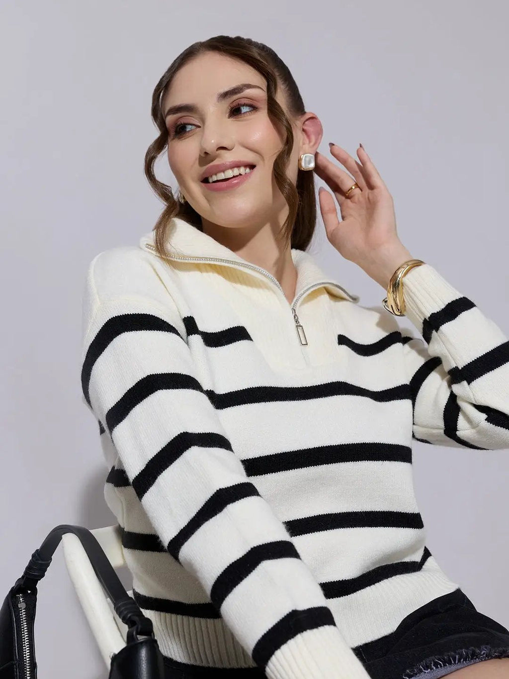 Women's Striped Off White & Black Knit Sweater with Zip-Up High Neck