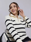 Women's Striped Off White & Black Knit Sweater with Zip-Up High Neck