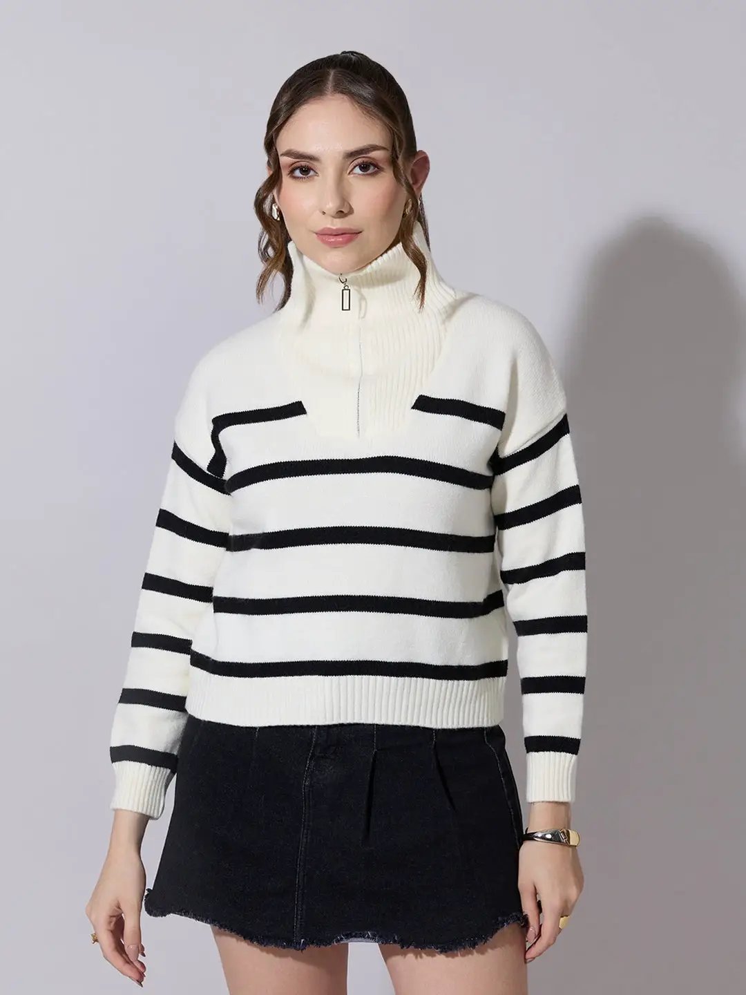 Women's Striped Off White & Black Knit Sweater with Zip-Up High Neck