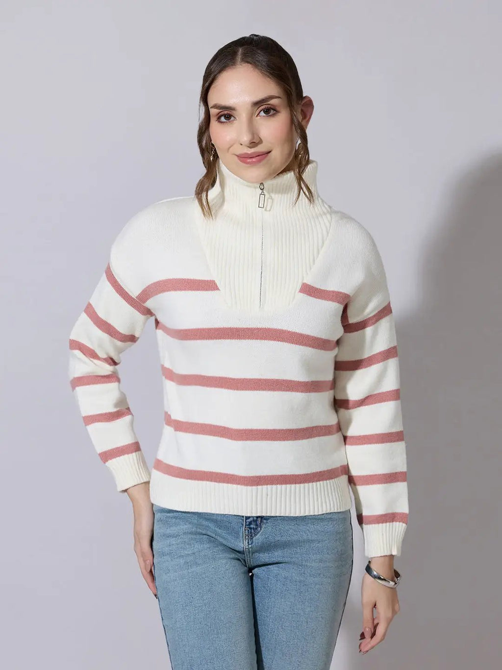 Women's Striped Off White & Peach Knit Sweater with Zip-Up High Neck