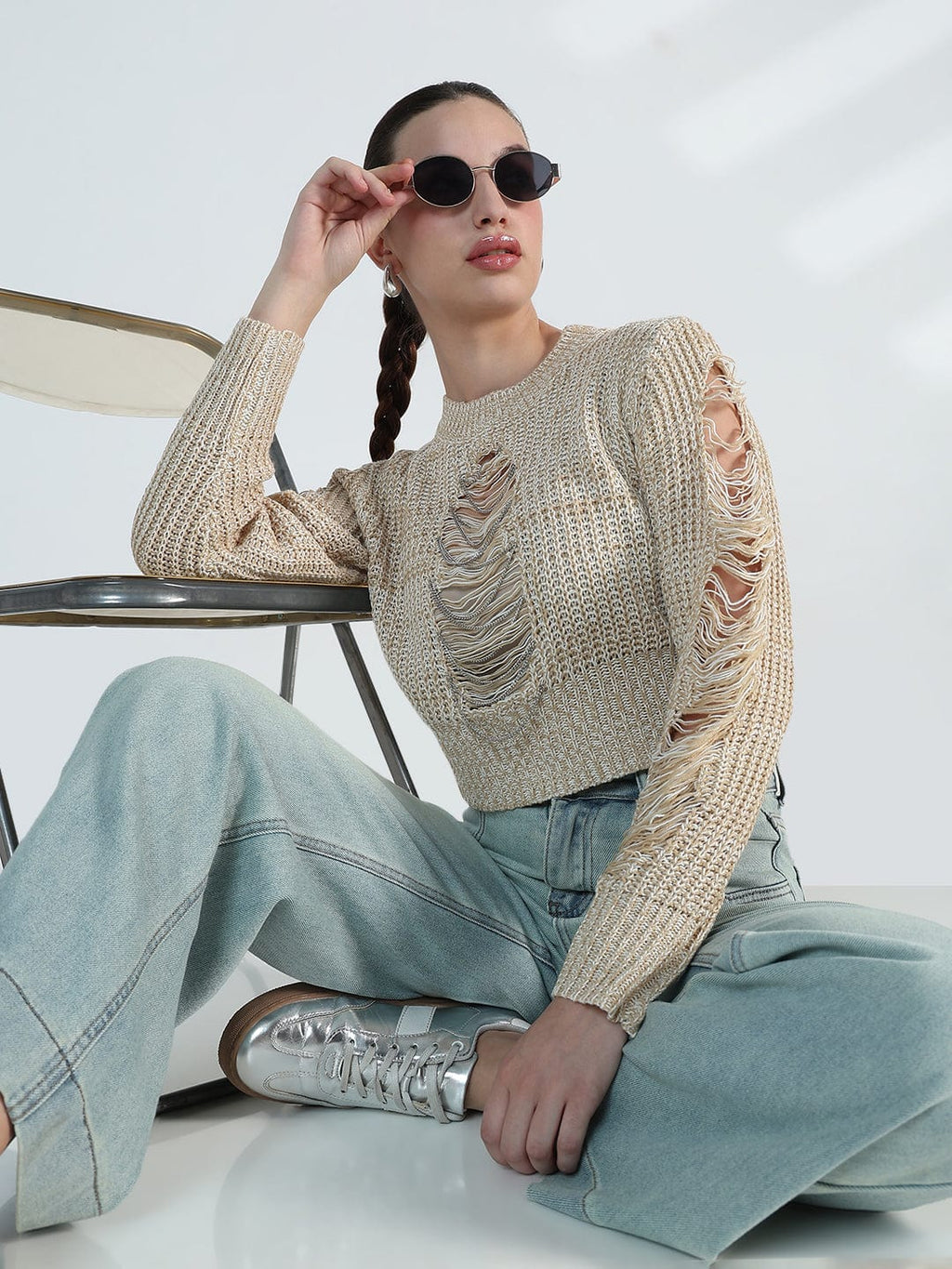 Women's Distressed Beige Crochet Top with Chain Detail