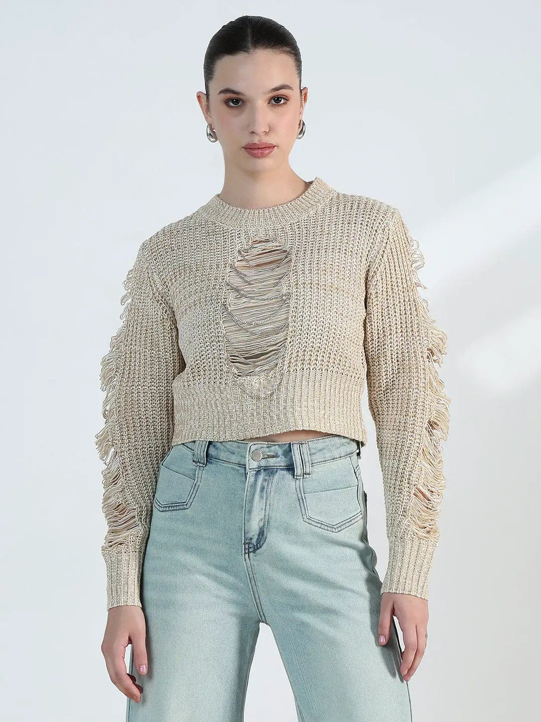 Women's Distressed Beige Crochet Top with Chain Detail