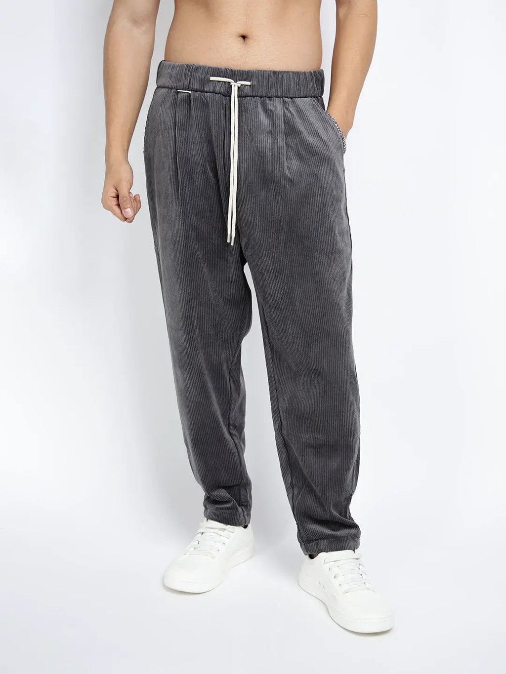 Men's Corduroy Grey Tapered Fit Trousers with Elasticated Waist