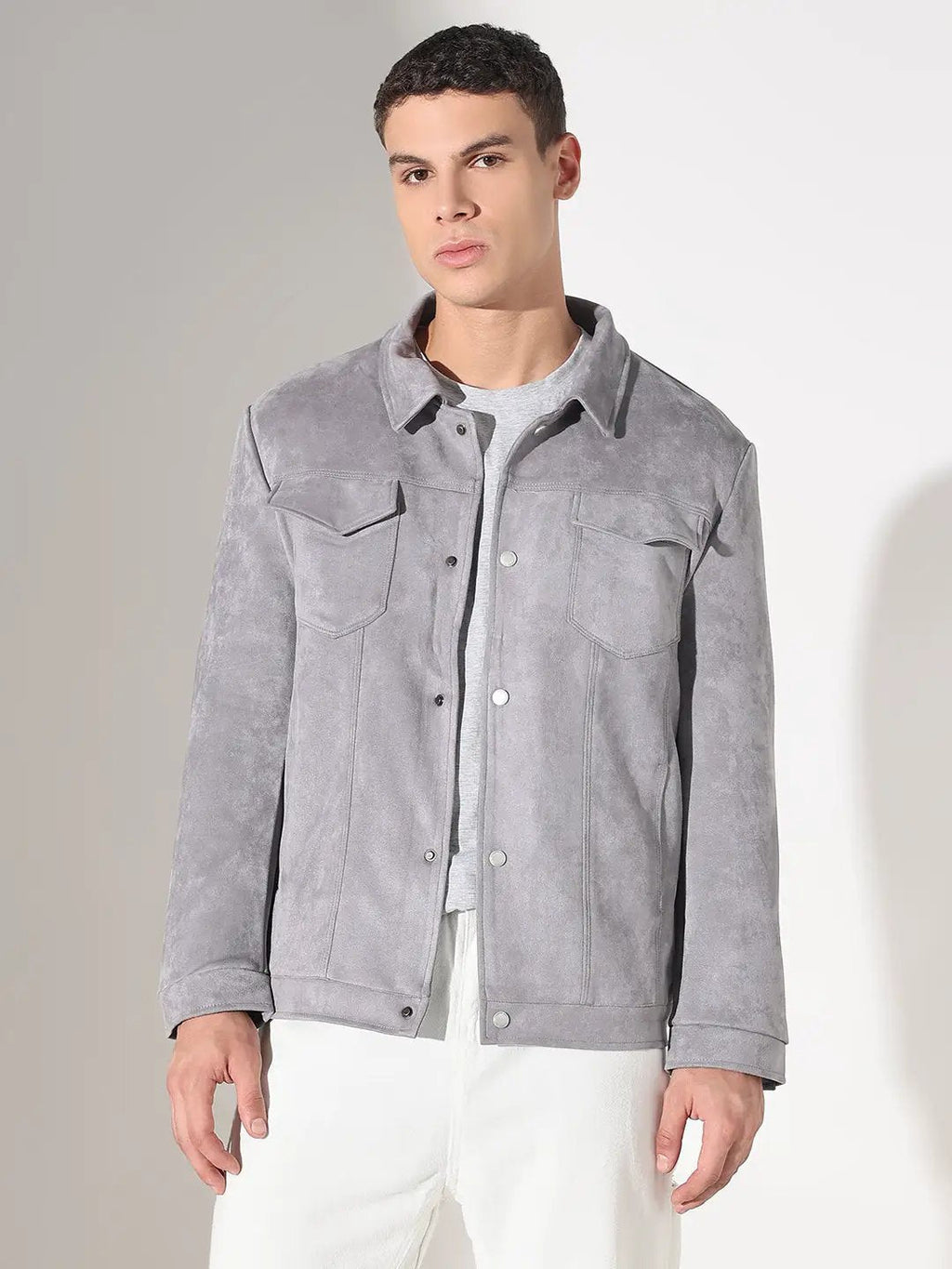 Men's Grey Suede Button Down Shacket