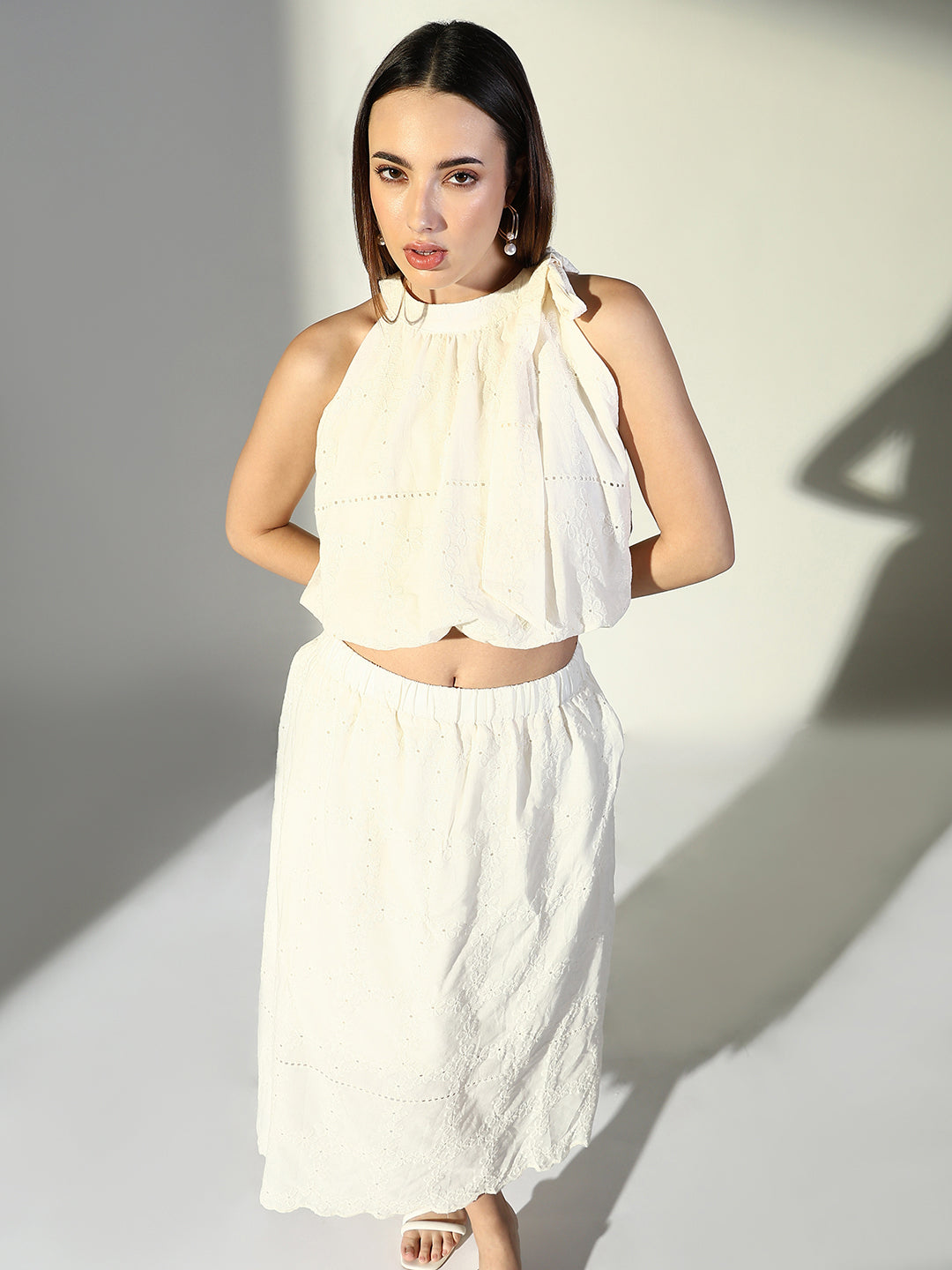 Women's Schiflli Cream Nec Tie Crop Top with Skirt Co-Ords Set