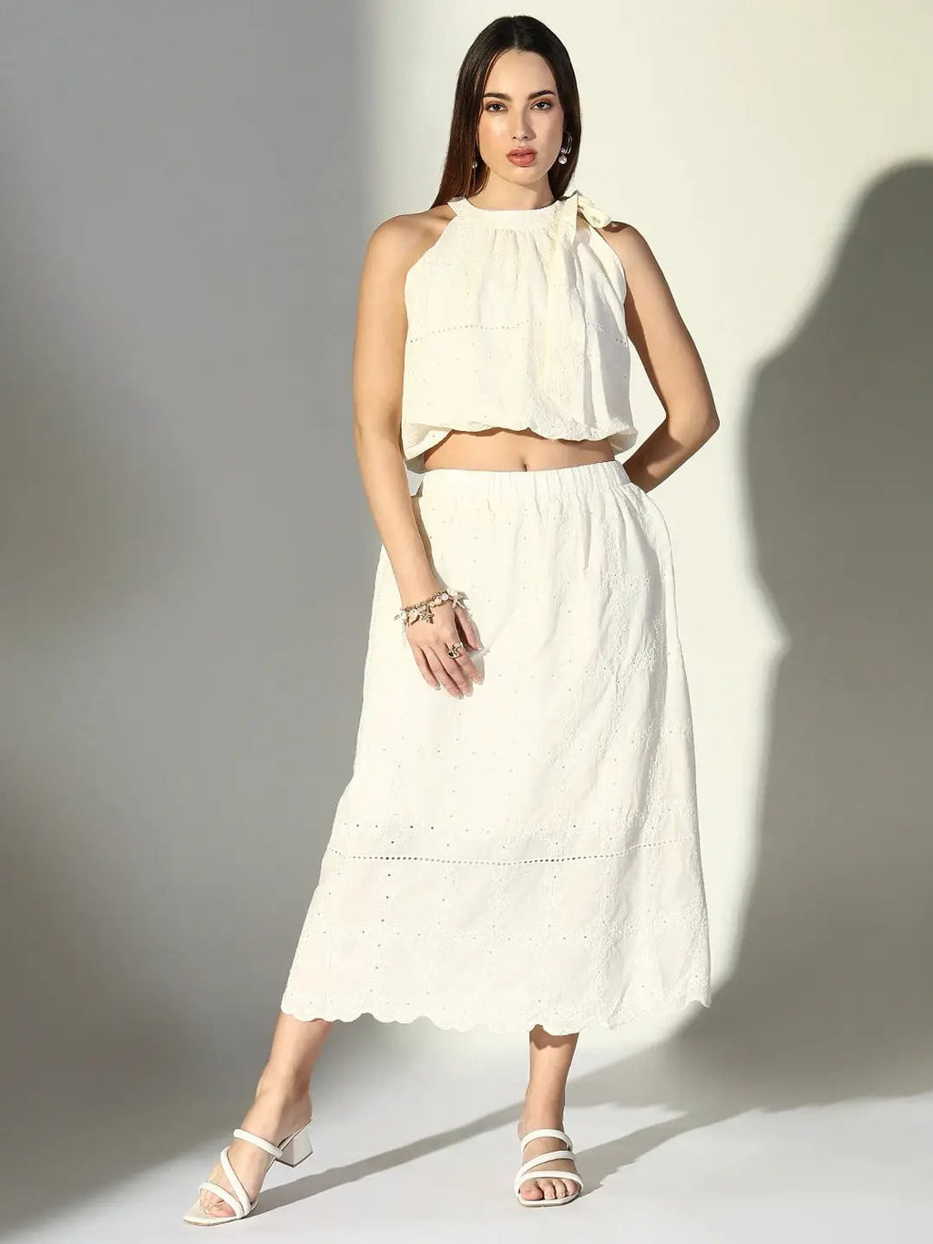 Women's Schiflli Cream Nec Tie Crop Top with Skirt Co-Ords Set