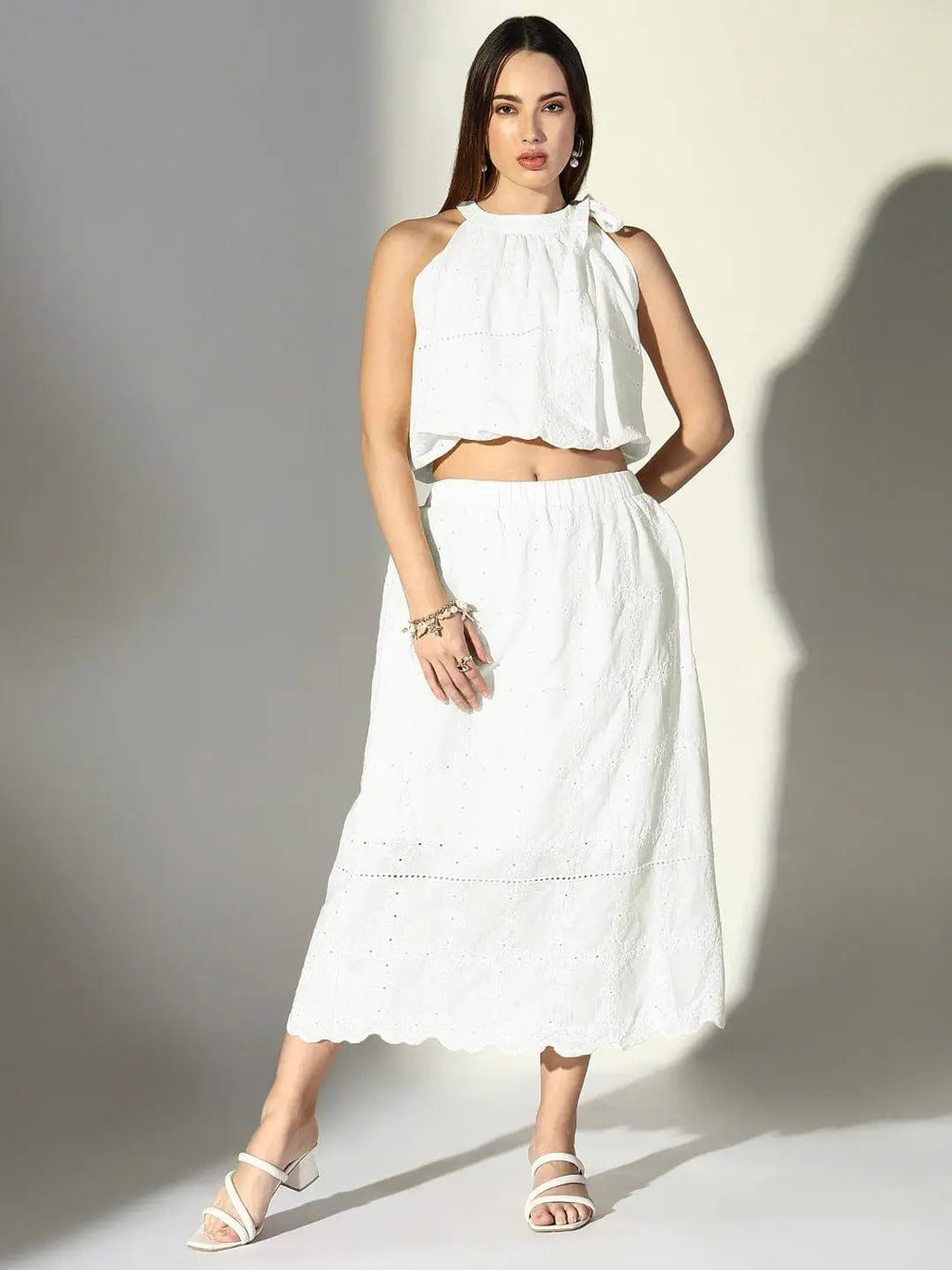 Women's Schiffli White Neck Tie Crop Top with Midi Skirt Co-Ords Set
