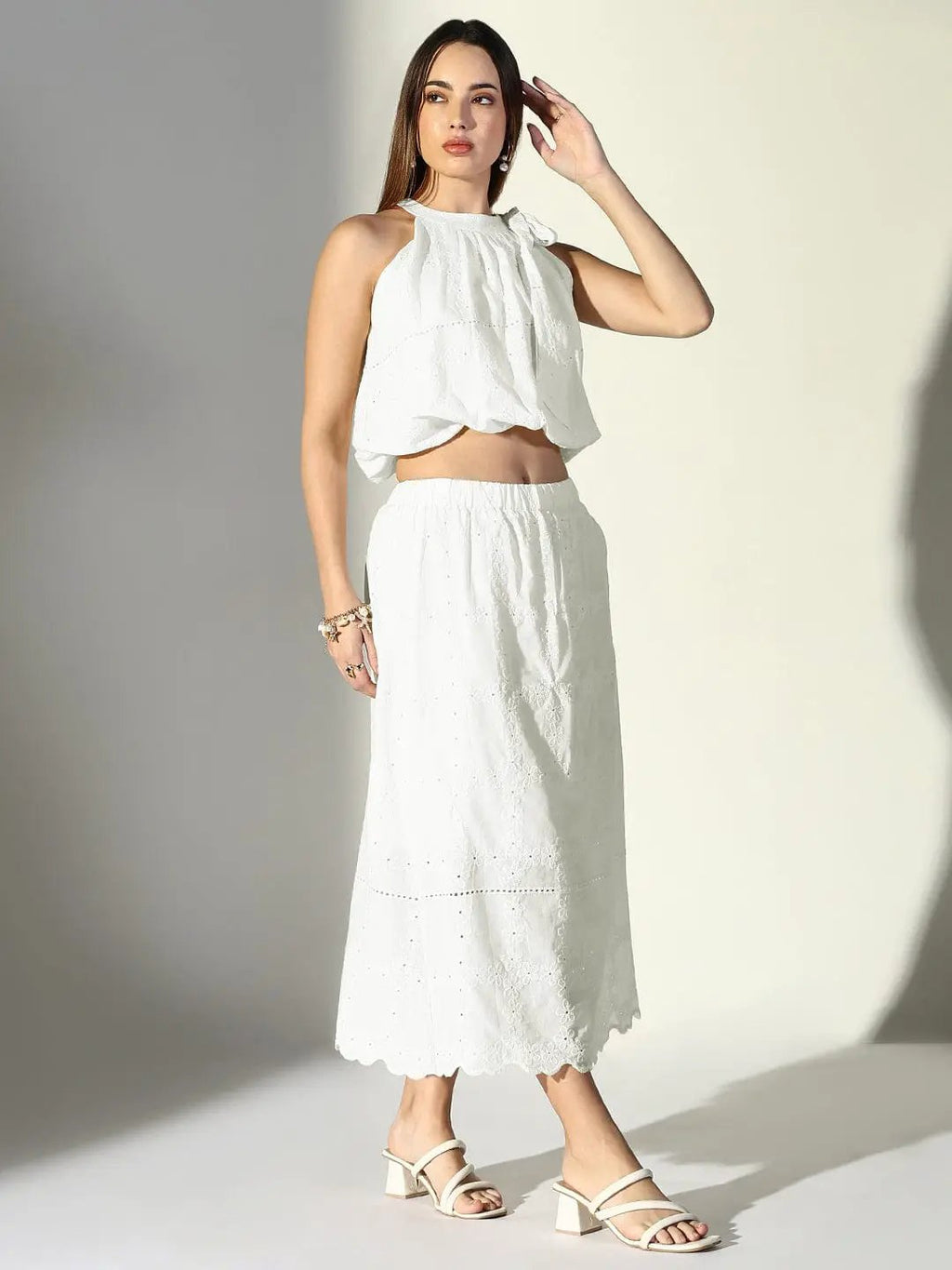 Women's Schiffli White Neck Tie Crop Top with Midi Skirt Co-Ords Set