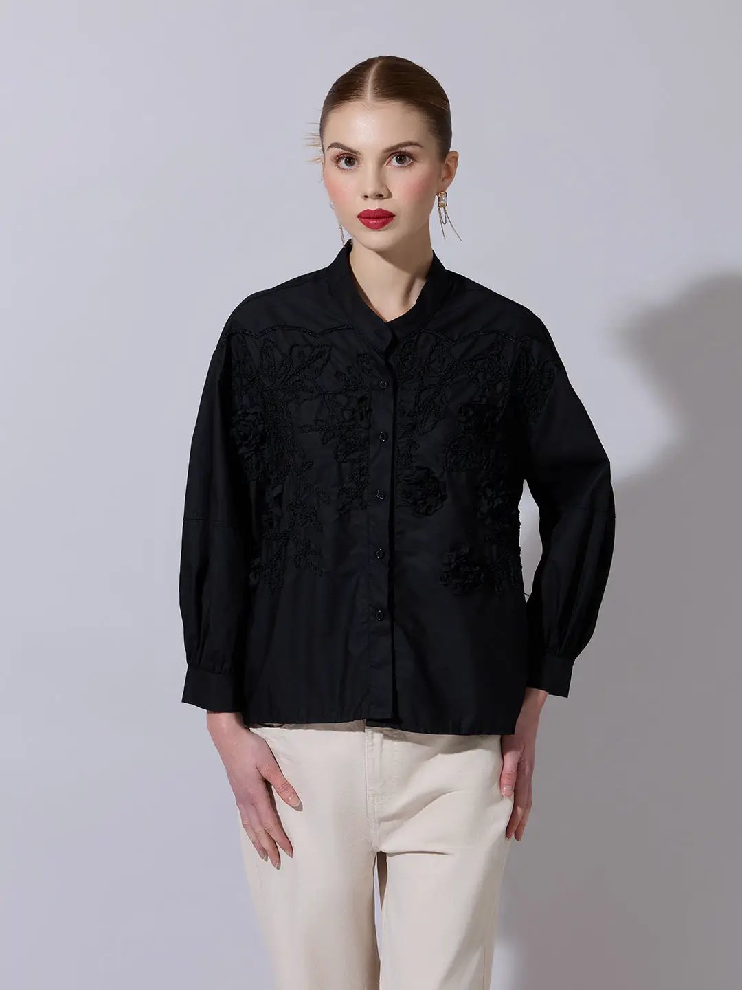 Women's Floral Embroidered Black Button-Down Shirt