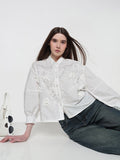 Women's Embellished White Floral Embroidered Shirt with Balloon Sleeves