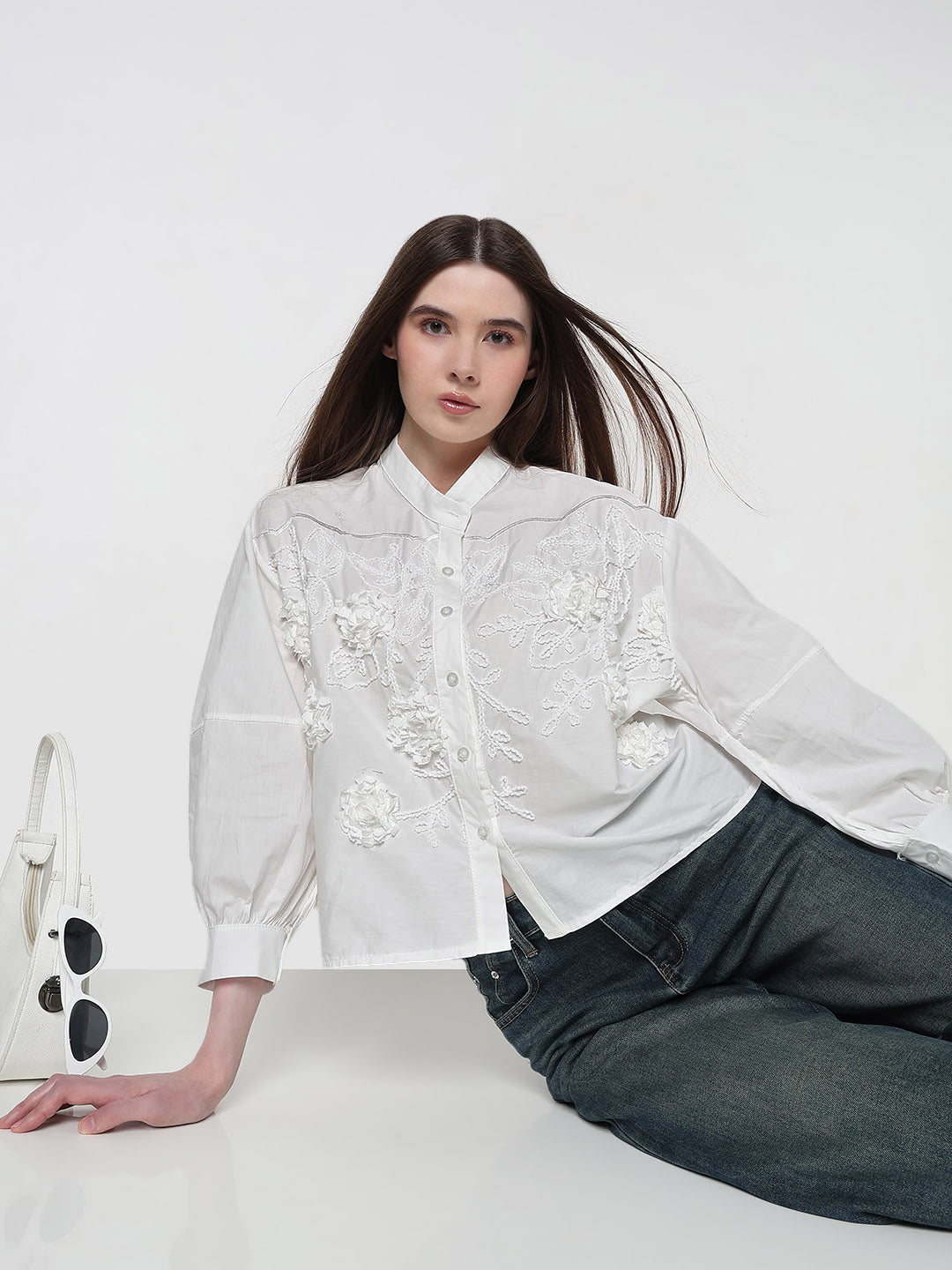 Women's Embellished White Floral Embroidered Shirt with Balloon Sleeves