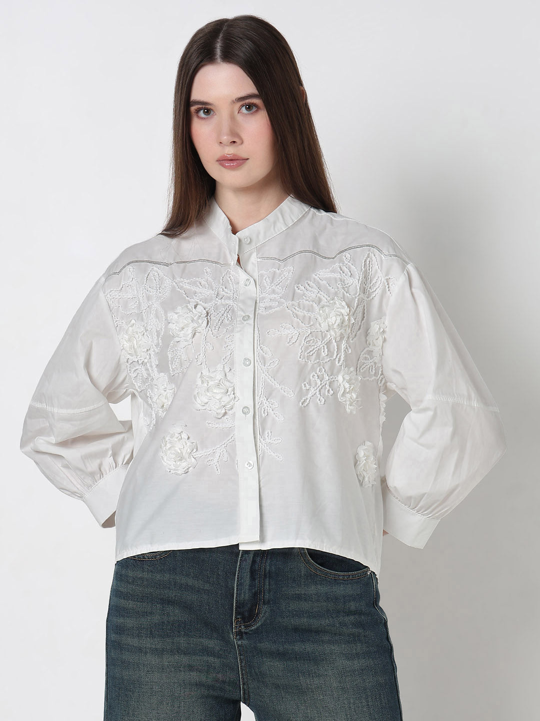Women's Embellished White Floral Embroidered Shirt with Balloon Sleeves
