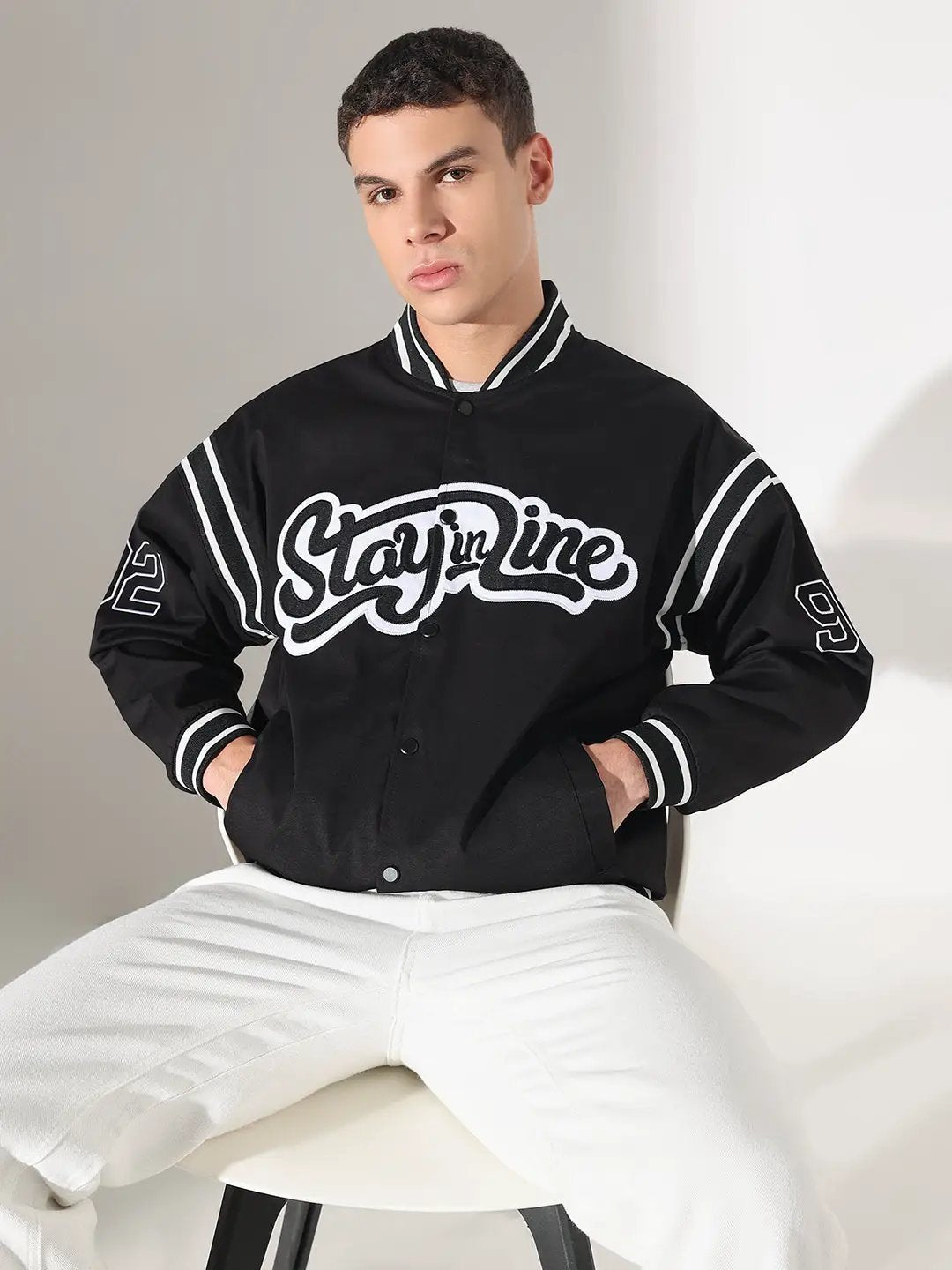 Men's Typography Black Mandarin Collar Varsity Jacket