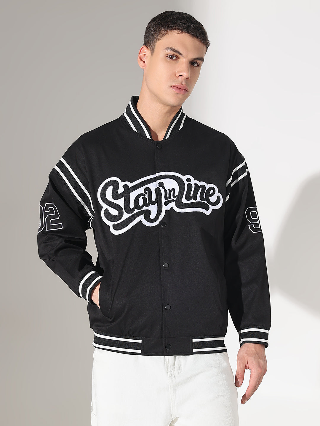 Men's Typography Black Mandarin Collar Varsity Jacket