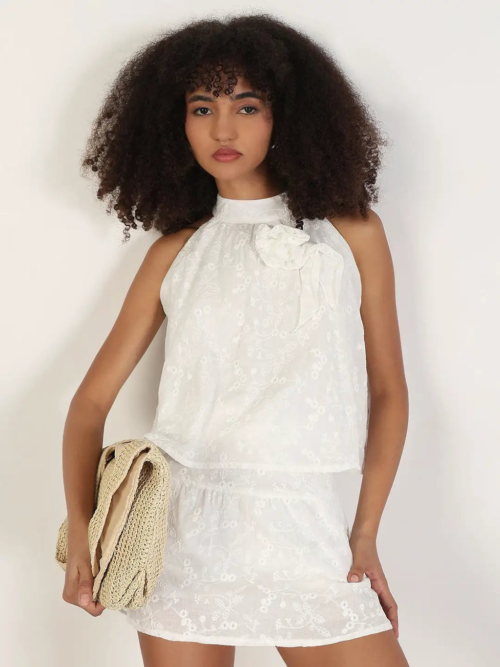 Women's Embroidered White Co-Ords Set with Brooch