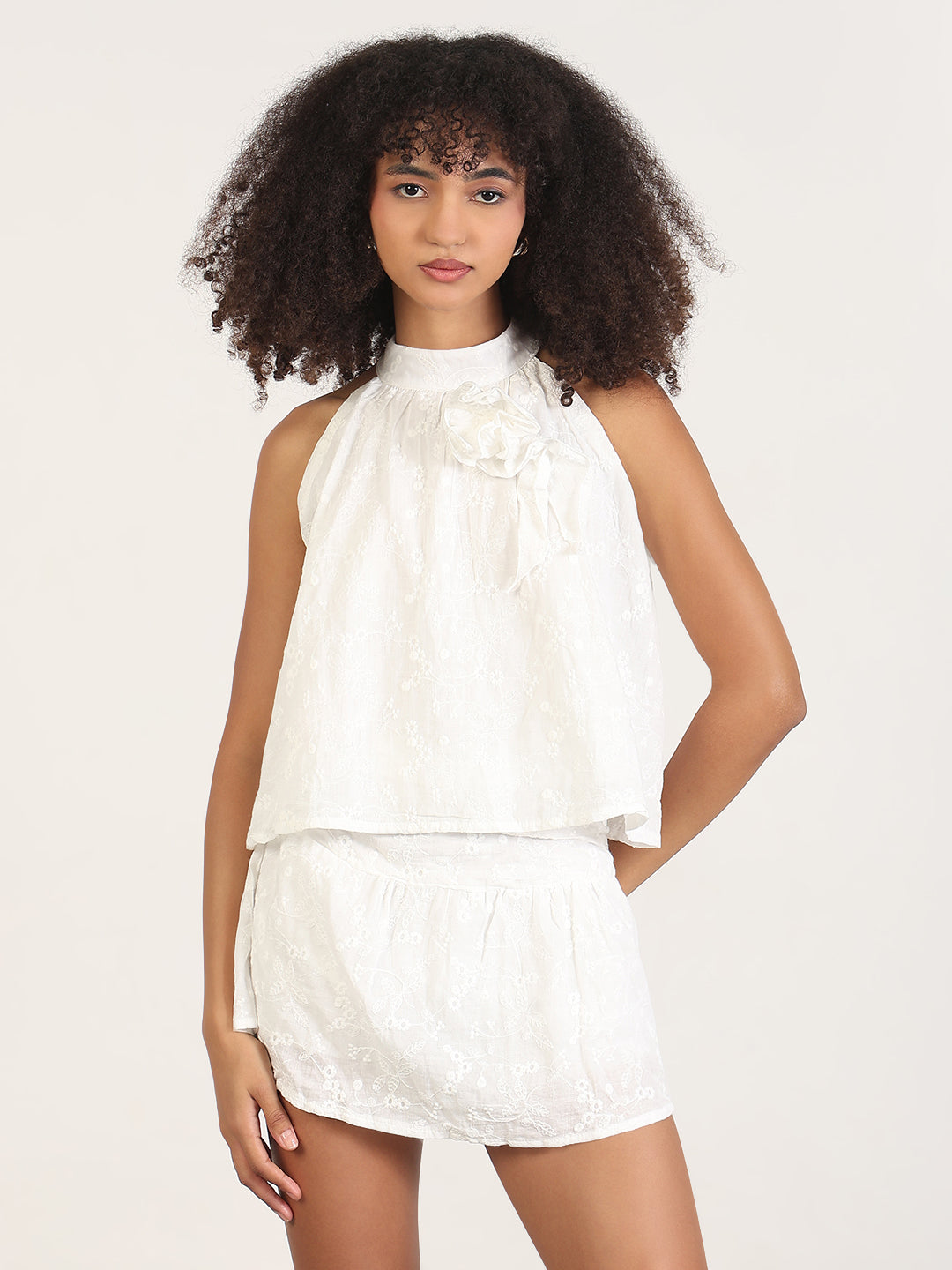 Women's Embroidered White Co-Ords Set with Brooch