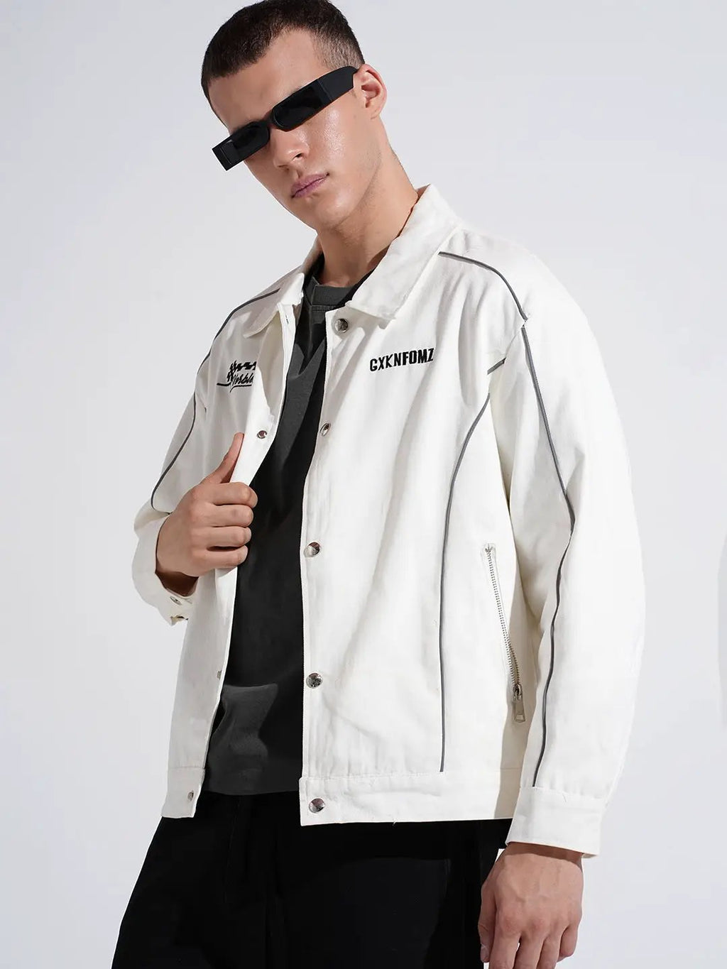 Men's White Button Down Jacket with Piping Detail