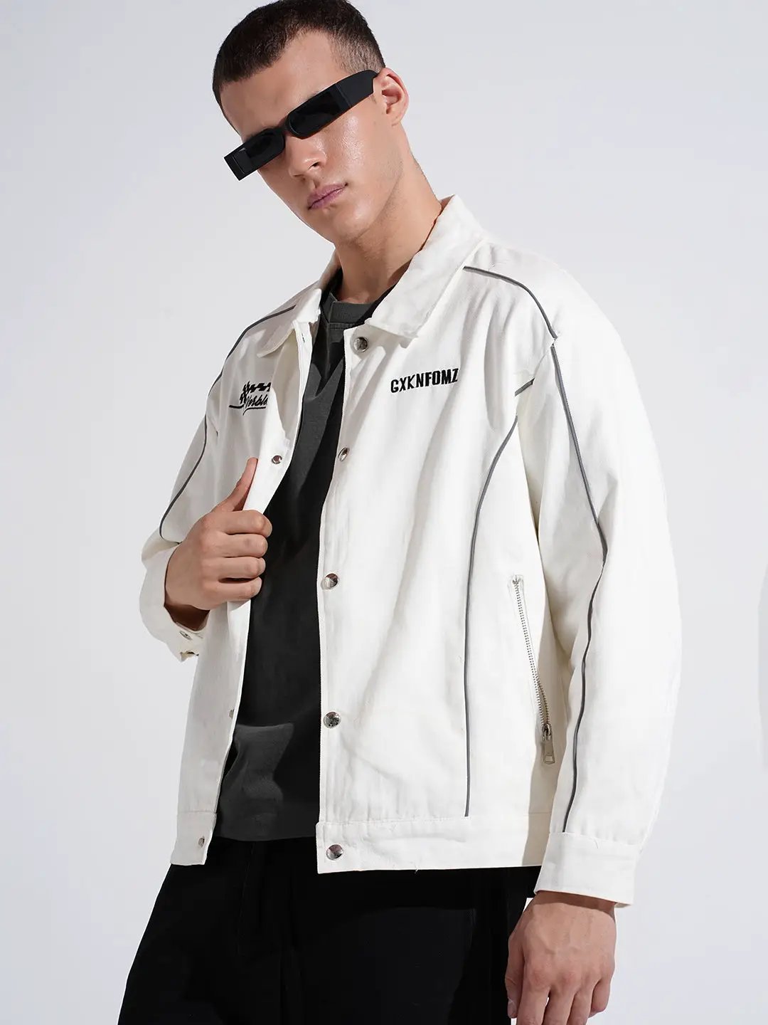 Men's White Button Down Jacket with Piping Detail