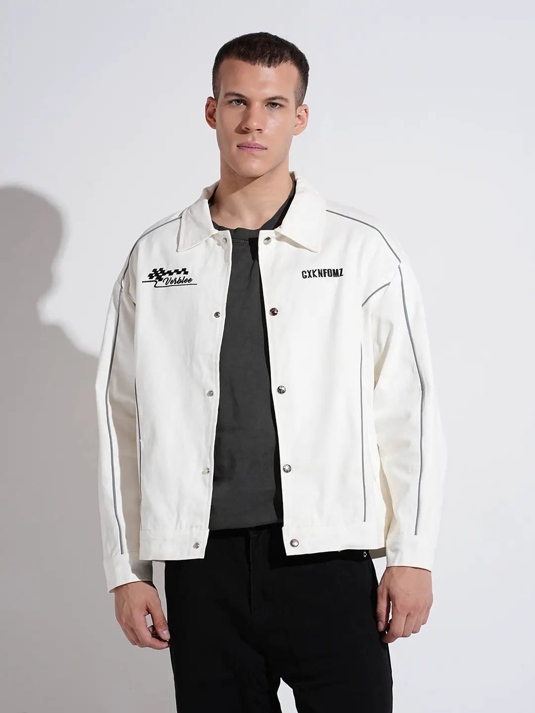 Men's White Button Down Jacket with Piping Detail