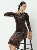 Women's Floral Brown Velvet Bodycon Maxi Dress with Back Slit