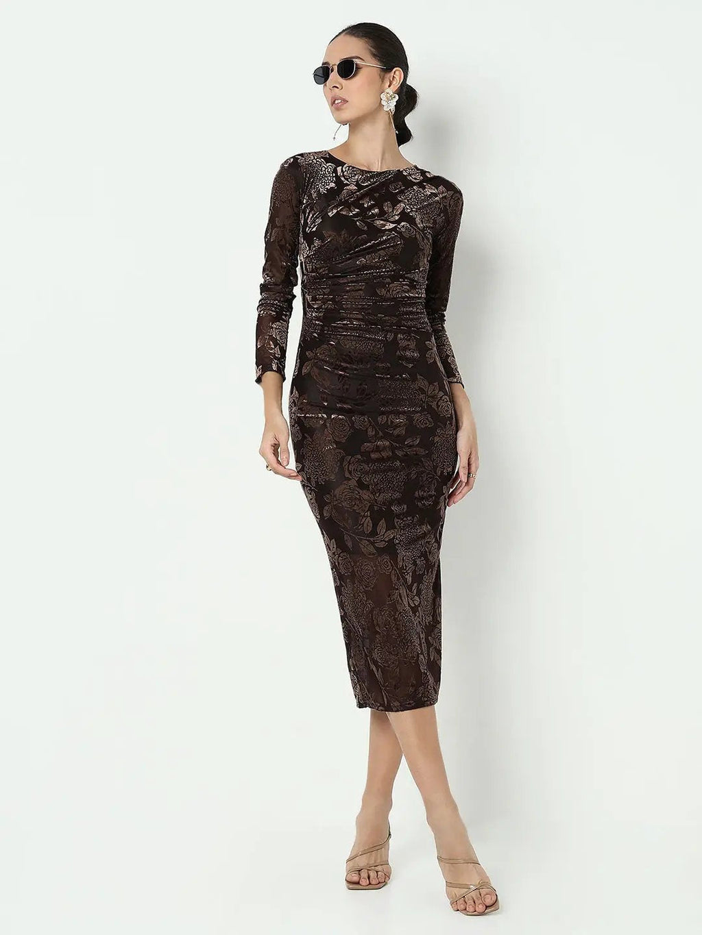 Women's Floral Brown Velvet Bodycon Maxi Dress with Back Slit
